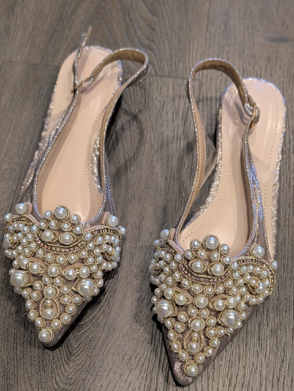 Embellished Pearl Slingback Flats - Champagne